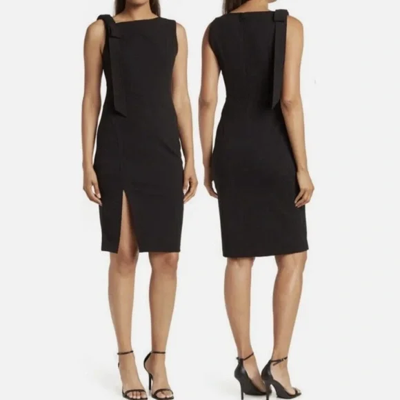 navy blue dress for baby girl Calvin Klein Asymmetric Fold Over Neck Front Slit 3/4 Sleeve Sheath Dress main image 0